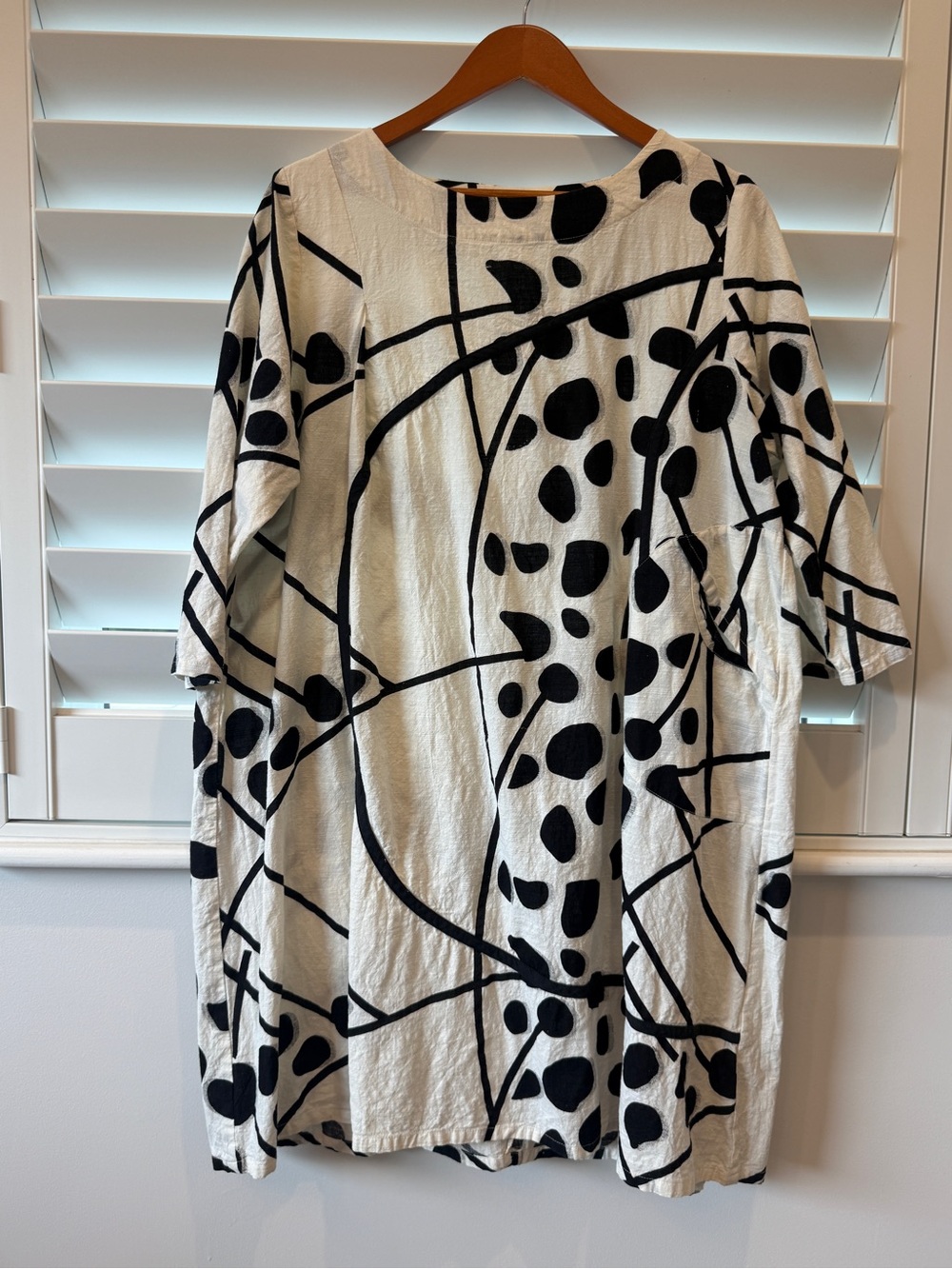 MONA LISA White Midi Dress with Black Abstract Print, loose fit